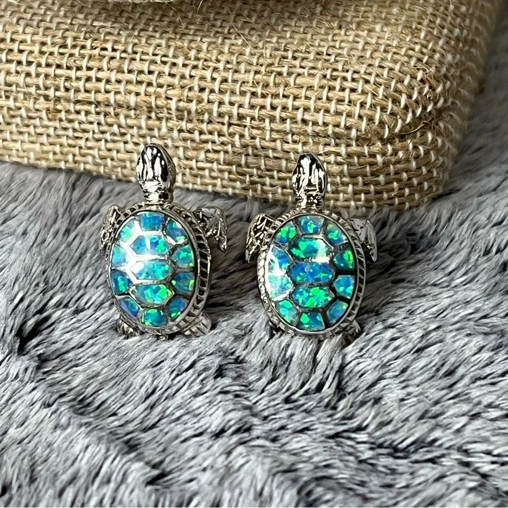 Sterling Silver Opal Sea Turtle Necklace Matching Earrings  Set